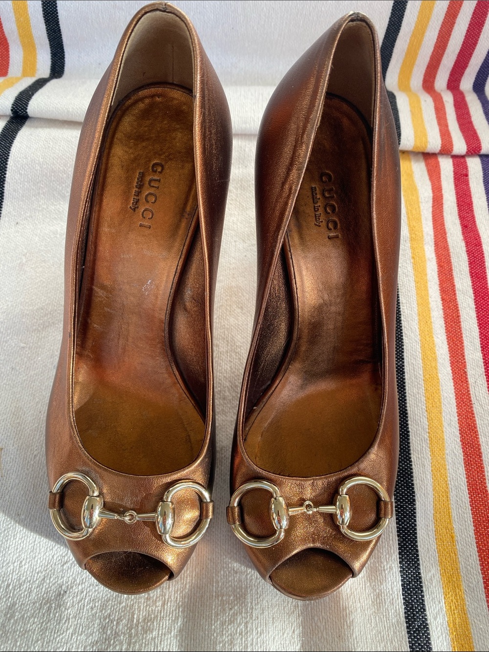 Gucci Bronze Metallic Open-Toe Heels with Signature Horsebit